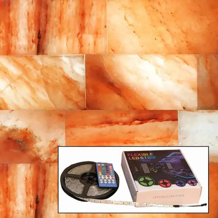 DIY Himalayan salt wall kit from SpiritualQuest with 10 genuine salt bricks, LED lights, and adhesive for easy home or spa installation.