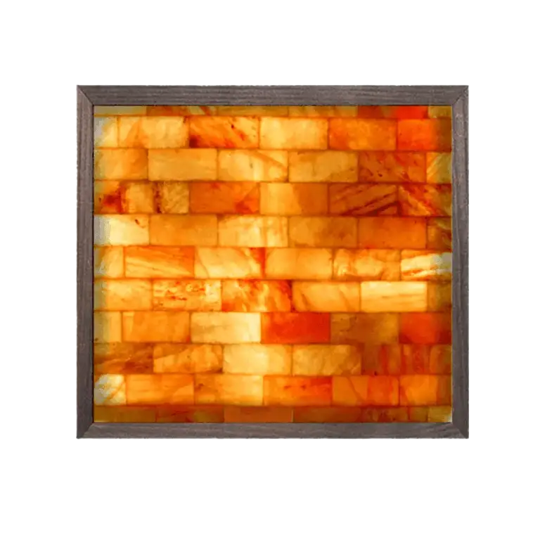 4 foot by 4 foot square Himalayan salt brick wall with integrated LED backlight by SpiritualQuest, ideal for wellness rooms, spas, home décor, or office environment