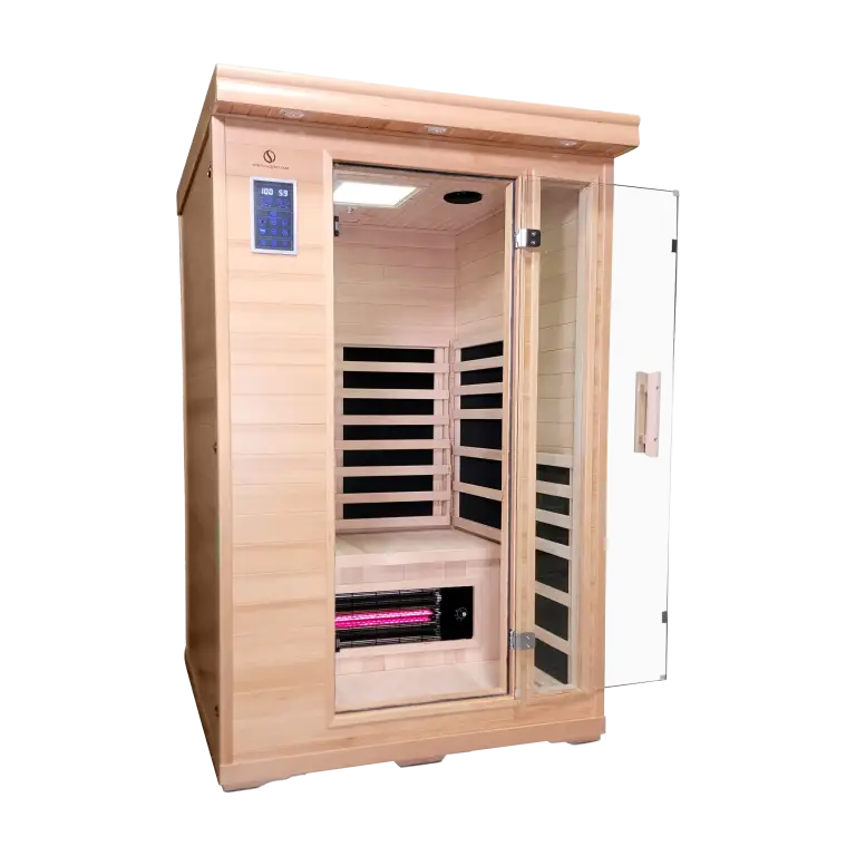 Duet 2 person full spectrum infrared Himalayan salt cave sauna with chroma lights for couple's detox and mood therapy.