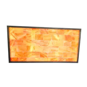 6x3 pink Himalayan salt wall with full spectrum LED glowing in luxury spa lobby