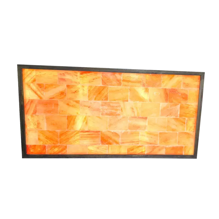 6x3 pink Himalayan salt wall with full spectrum LED glowing in luxury spa lobby