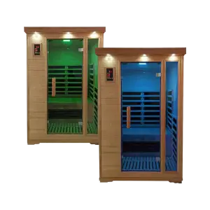 SPA PACK: Two Duet two person full spectrum infrared salt cave saunas with individual salt wall panels, ideal for commercial spa detox and ion therapy.