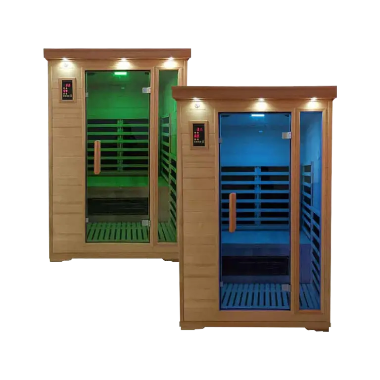 SPA PACK: Two Duet two person full spectrum infrared salt cave saunas with individual salt wall panels, ideal for commercial spa detox and ion therapy.