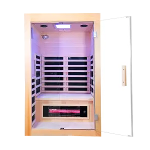 Savannah 2 person full spectrum infrared salt cave sauna with framed Himalayan salt panel for detox and ion therap