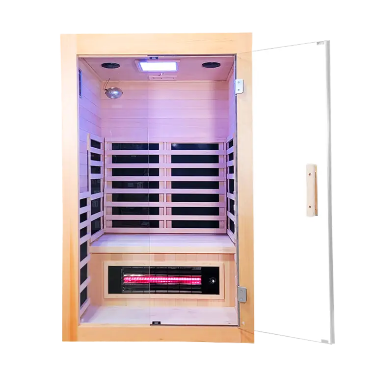 Savannah 2 person full spectrum infrared salt cave sauna with framed Himalayan salt panel for detox and ion therap