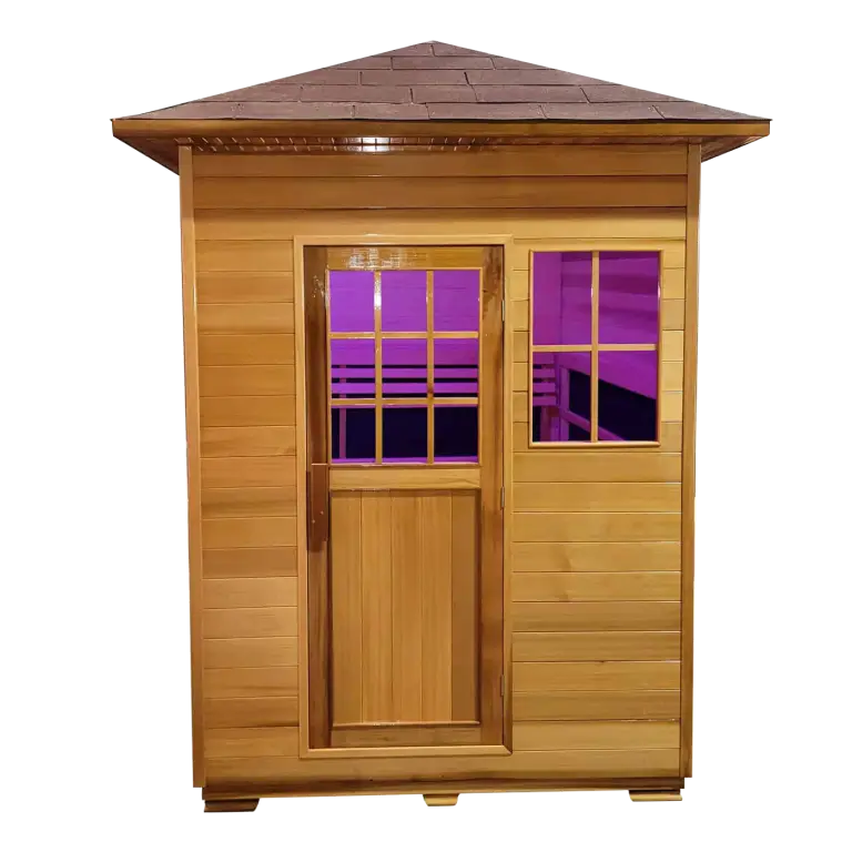 Outdoor 3 person full spectrum infrared sauna Donovan Series, weatherproof XL design with LED chromatherapy lighting for immersive relaxation