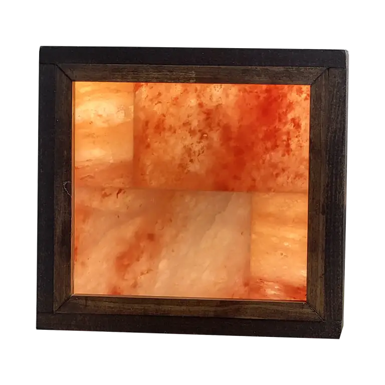 1x1 square LED Himalayan salt wall panel glowing warm pink in modern spa room