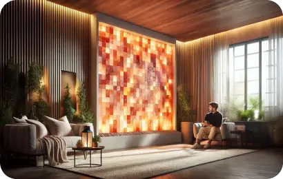 Man sitting in front of a custom salt wall