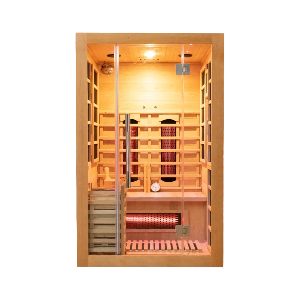 Maverick infrared combo sauna featuring full spectrum infrared heaters and hot stone traditional