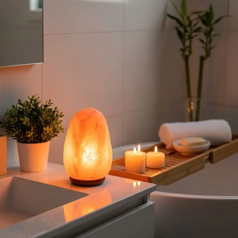 Himalayan salt lamp in bathroom with natural elements creates a relaxing retreat.