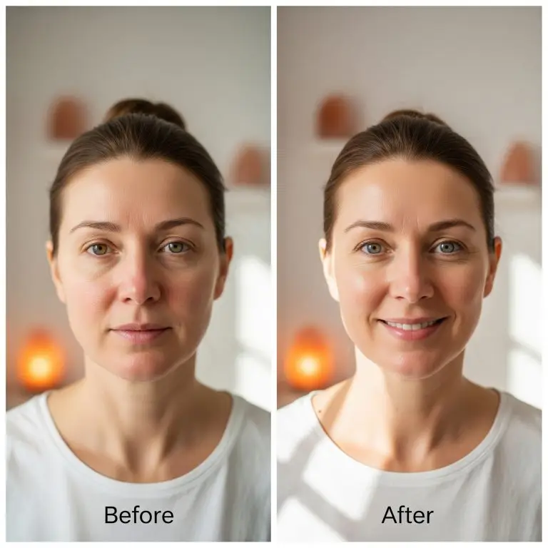 Before and after showcasing skin and well-being benefits of salt therapy.