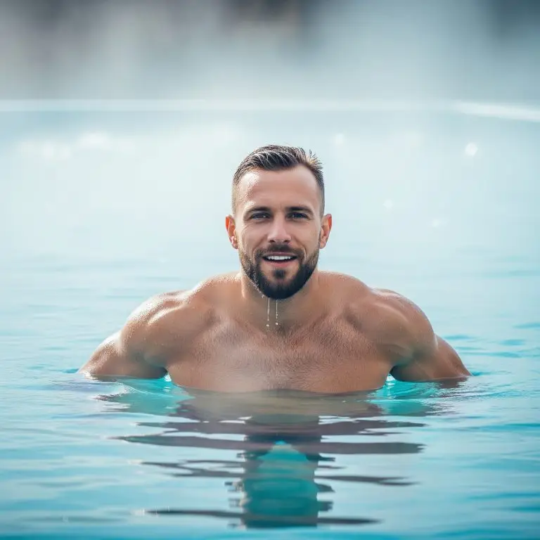 Invigorating cold plunge experience: Person emerging from ice bath.