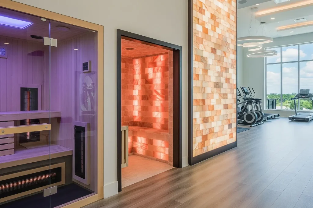 Modern fitness center with infrared sauna, halotherapy salt room, and Himalayan salt wall.