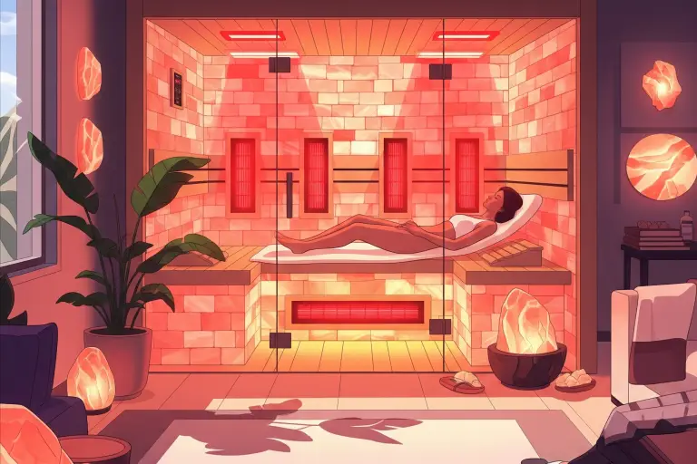 A stylized illustration of a modern home wellness environment, featuring an infrared sauna with Himalayan salt blocks, red light therapy panels, and various Himalayan salt elements like lamps and wall accents. A person is shown relaxing inside the sauna, conveying a sense of deep relaxation and rejuvenation. The image uses a soft, warm color palette to emphasize wellness and harmony.