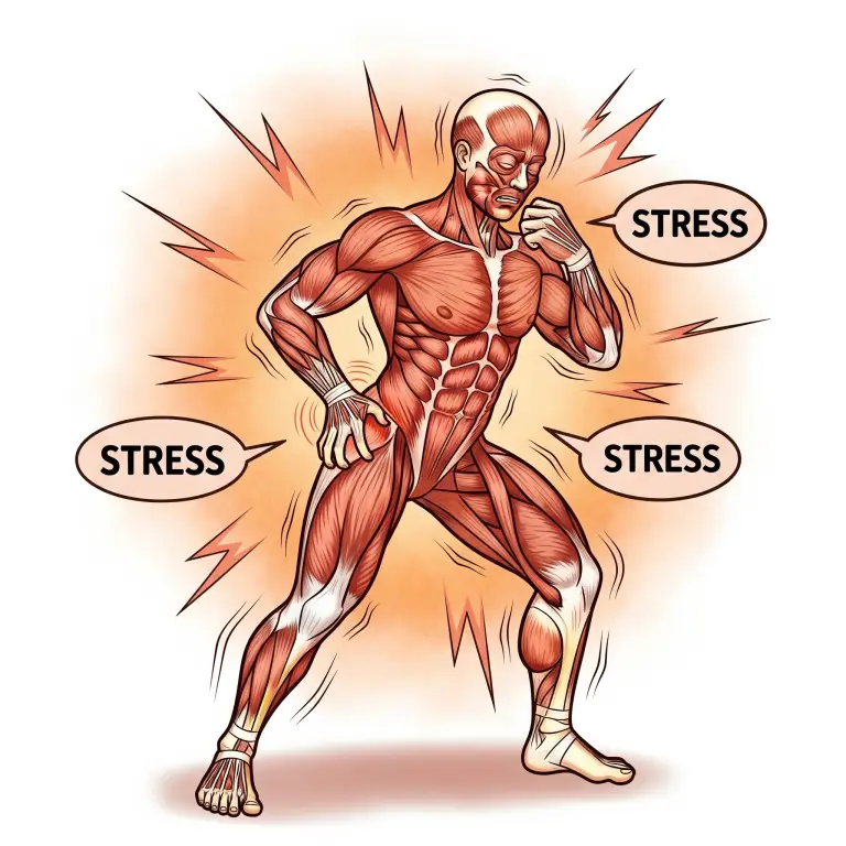 An illustration depicting a person experiencing muscle soreness, with visual elements subtly indicating stress. The artwork uses a warm color palette and a cartoonish style to convey the relationship between physical discomfort and psychological tension.