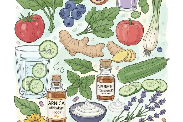An illustration showcasing various nutritional and herbal elements beneficial for muscle recovery and well-being. It includes colorful fruits and vegetables, a glass of water with cucumber, and bottles of arnica, peppermint, and lavender oils, along with their respective plants. The style is soft and illustrative, highlighting a holistic approach to health.