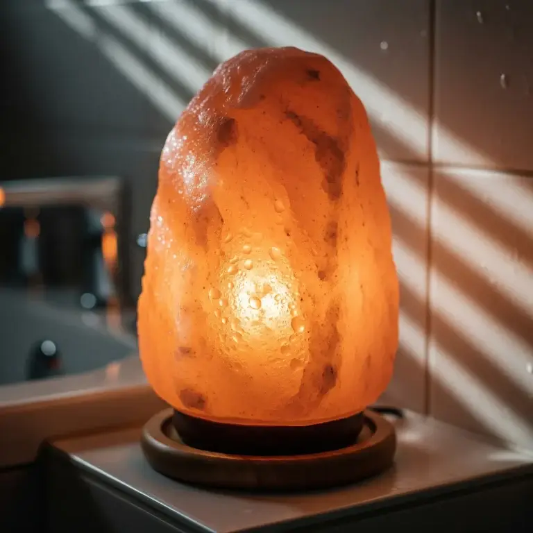 Close-up of a salt lamp in humid conditions, showcasing its natural properties.