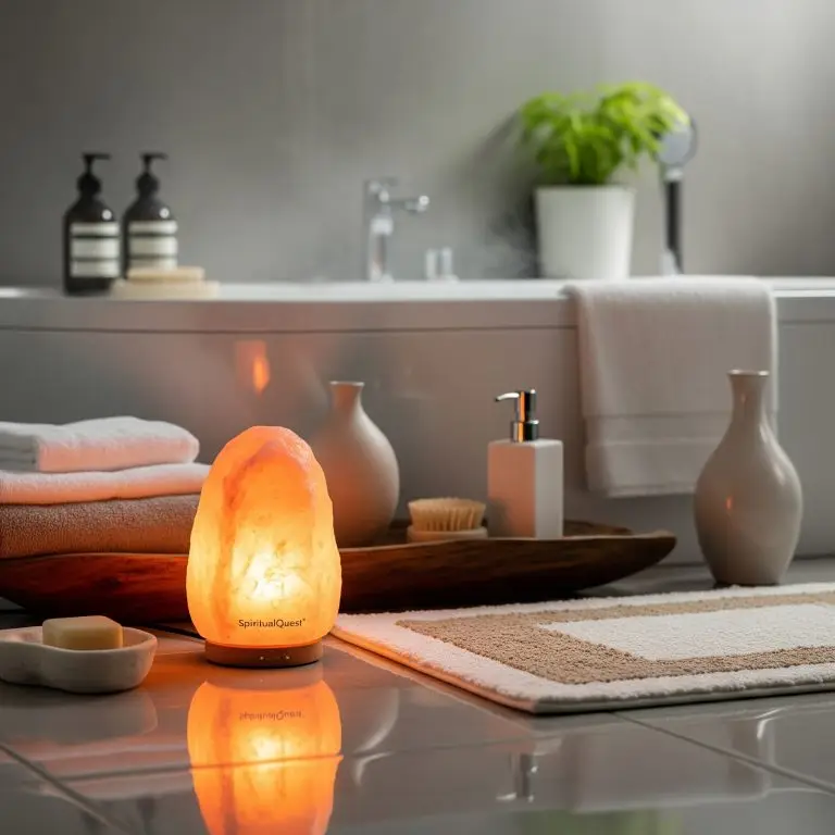 Warm light from a bathroom salt lamp enhances the ambiance of a modern bathroom.