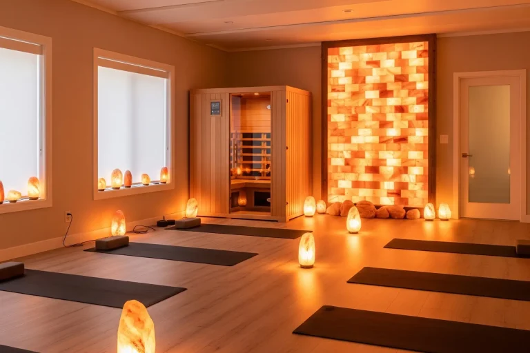 Himalayan salt lamps and wall in serene yoga studio with infrared sauna.