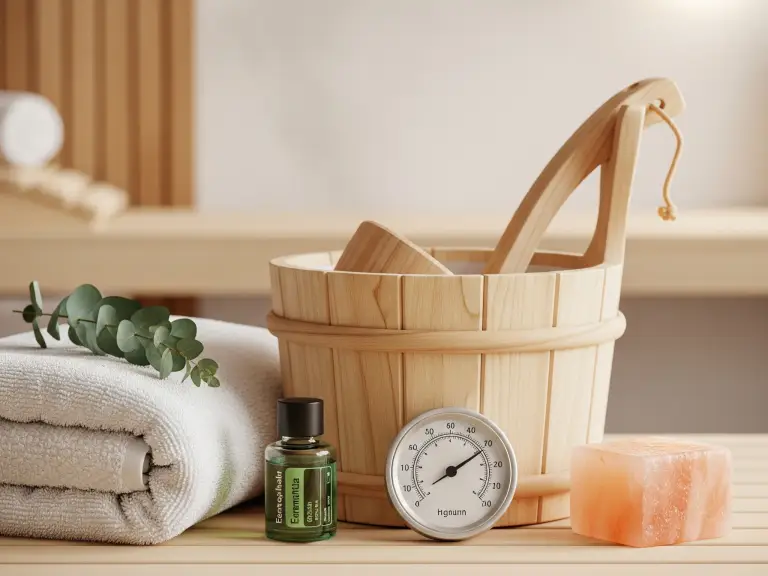 A collection of essential home sauna accessories including towels, bucket, ladle, hygrometer, and essential oils, key for enhancing the sauna experience.