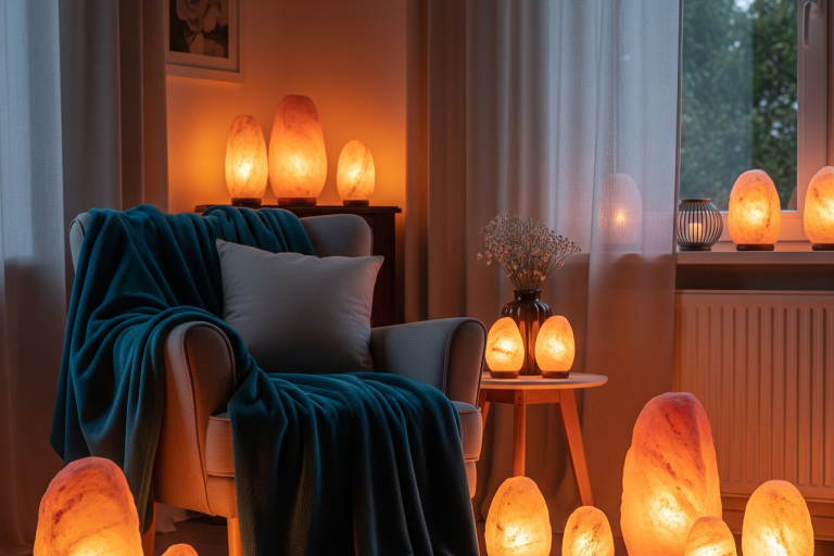 A cozy living room at dusk, illuminated by the warm, amber glow of various sized Himalayan salt lamps. A teal blanket drapes over an armchair, creating a peaceful and inviting atmosphere that suggests relaxation and improved air quality.