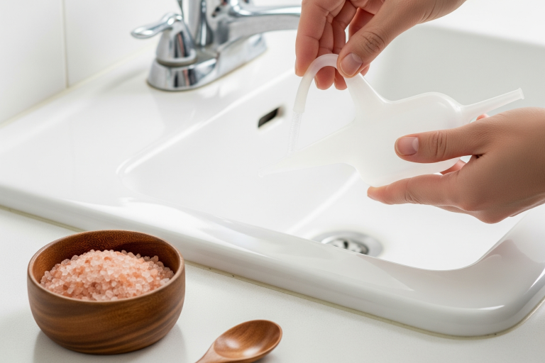 A hand holding a neti pot over a clean, bright sink, demonstrating a saline rinse. A small wooden bowl of pure Himalayan salt and a spoon are nearby, emphasizing practical and accessible home use.