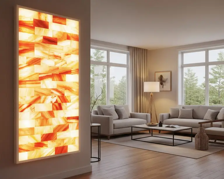 A prominent, beautifully backlit Himalayan salt wall (6x3 feet) showcasing vibrant, natural color striations, integrated as a feature in a modern, serene living room. The wall conveys calm and natural beauty, highlighting its easy "plug 'n play" installation.