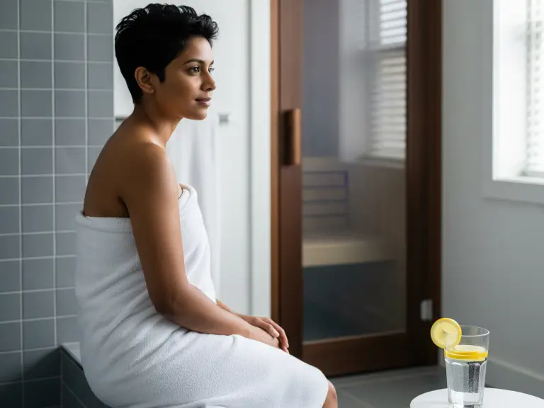 Person hydrating before entering a modern home sauna, emphasizing the peaceful pre-sauna ritual, cleanliness, and readiness for wellness.
