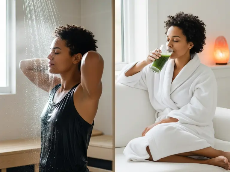 Person rehydrating and relaxing in a robe after a home sauna session, emphasizing post-sauna rejuvenation and muscle recovery.