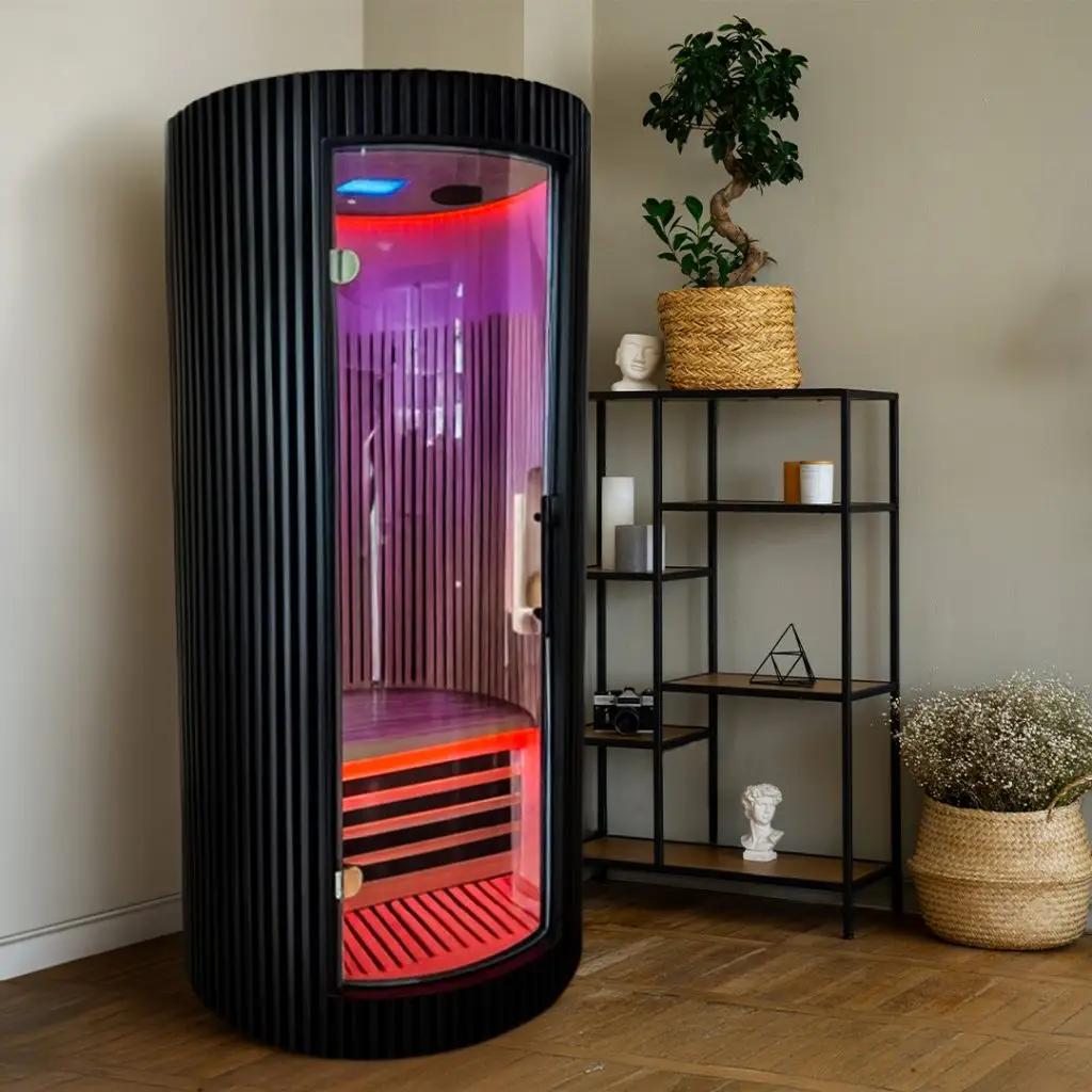 Image of the Rocket Infrared Sauna in the corner of the living room of a house.