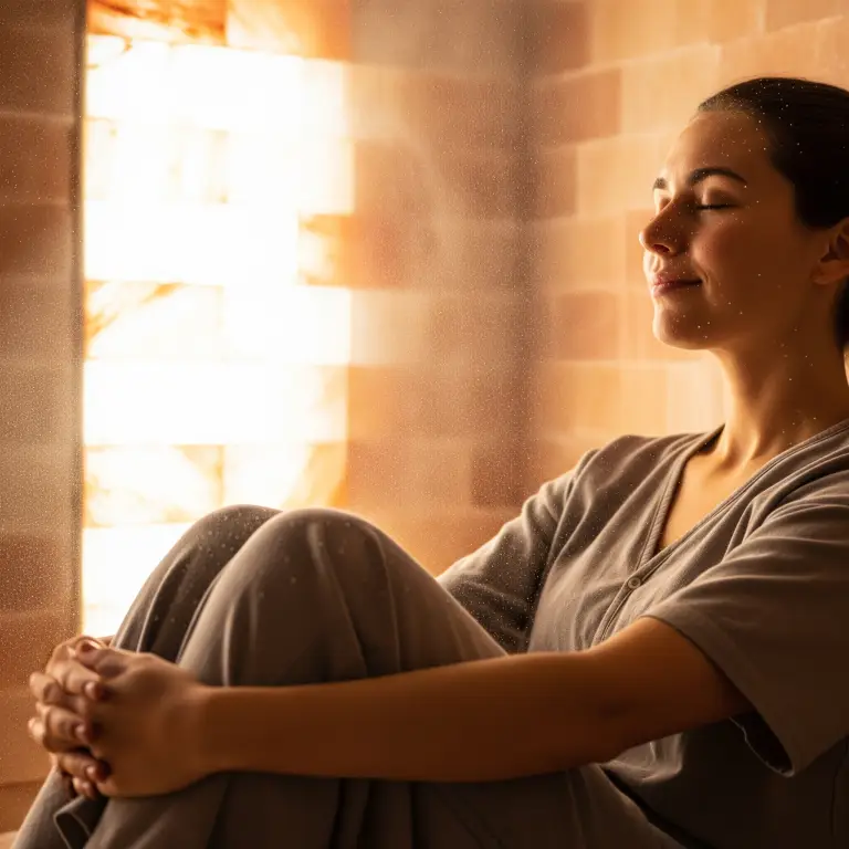 A person relaxing and breathing in the benefits of dry salt therapy inside a salt room.