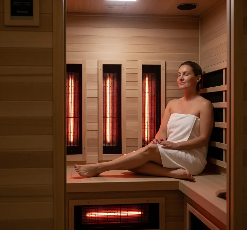 A person relaxing inside a modern infrared sauna, representing a natural and non-invasive approach to alleviating sleep apnea and reducing snoring.