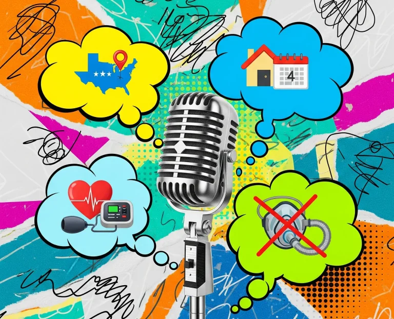 A collage-style illustration of a podcast or radio show Q&A segment about using an infrared sauna for sleep, featuring a microphone and various icons representing questions from callers across the country.