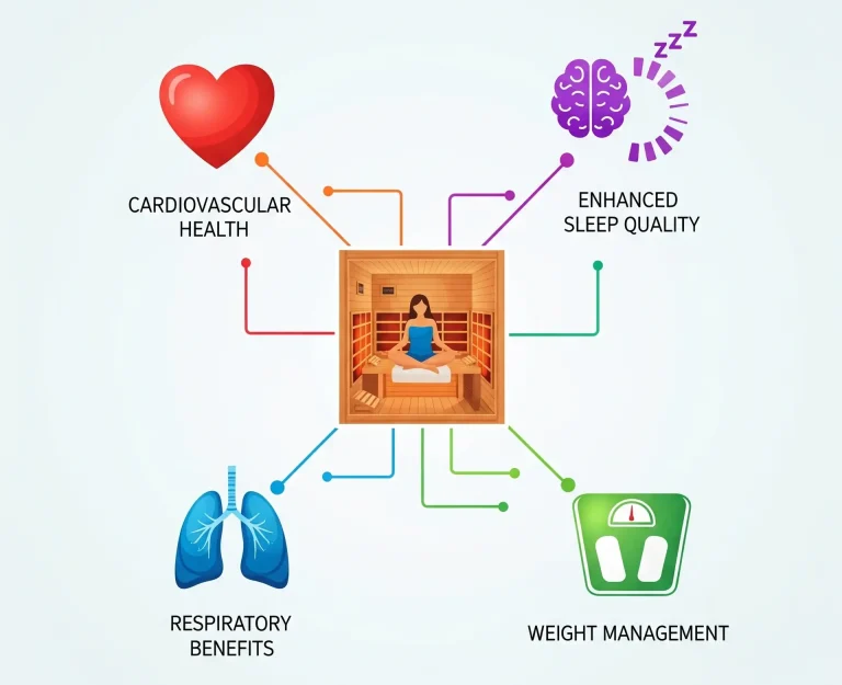 An infographic-style image illustrating the scientific benefits of using an infrared sauna for sleep apnea, including icons for enhanced sleep quality, cardiovascular health, respiratory benefits, and weight management.