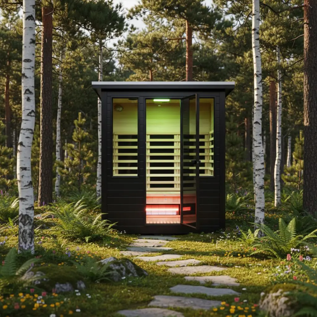 Outdoor four-person sauna between trees