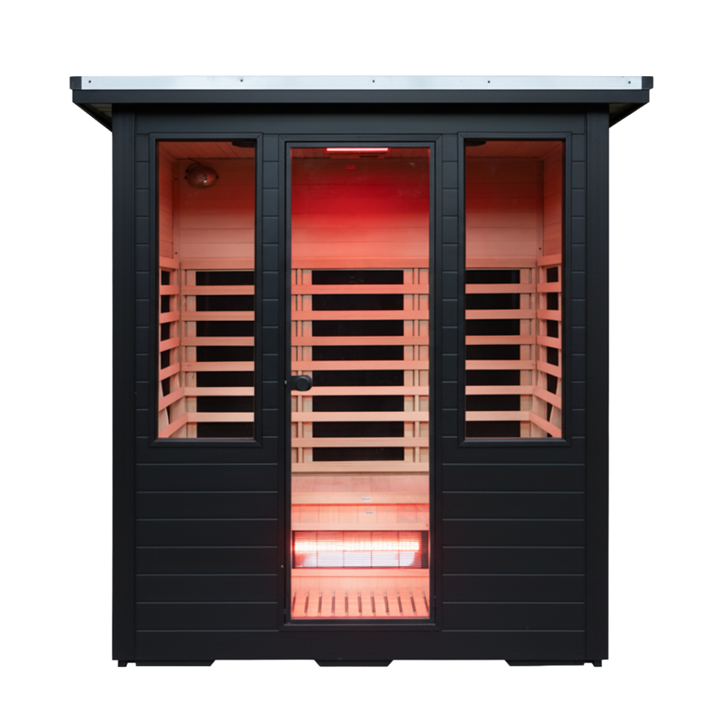 Outdoor four-person sauna with red light front view