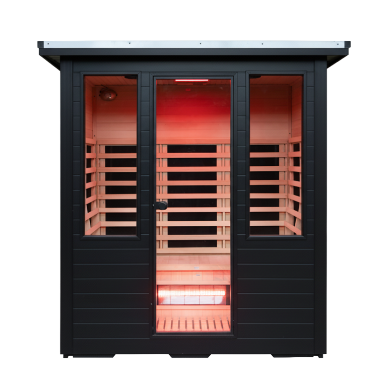 Outdoor four-person sauna with red light front view