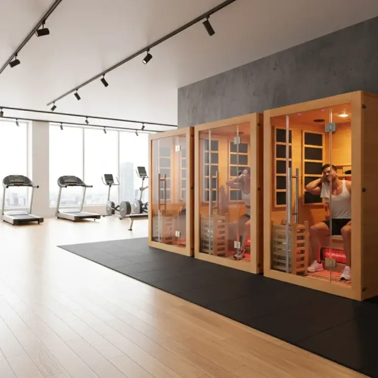 Image of Three Full spectrum Infrared saunas in a commercial Gym.